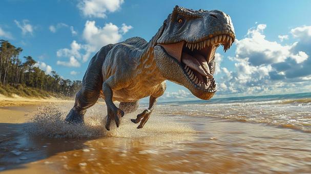 ビーチを走るティラノサウルス1の写真