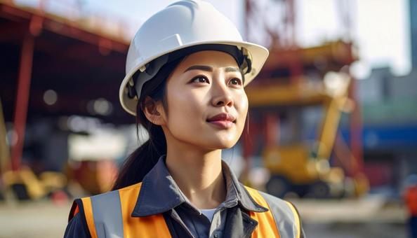 建設現場で真剣な表情の若い女性作業員 建設現場で真剣な表情の若い女性作業員の写真