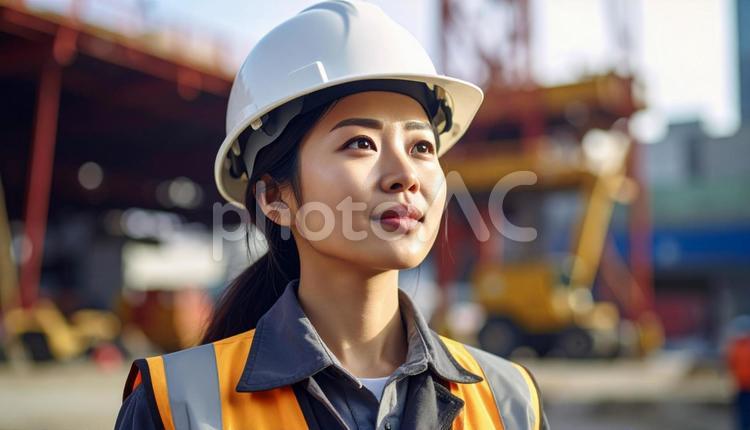 建設現場で真剣な表情の若い女性作業員 人物,女性,作業服の写真素材
