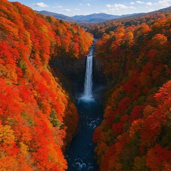 ドローン視点で見た紅葉の滝 ドローン視点で見た紅葉の滝の写真