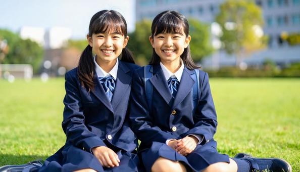 芝生に座って笑顔の日本人姉妹 芝生に座って笑顔の日本人姉妹の写真