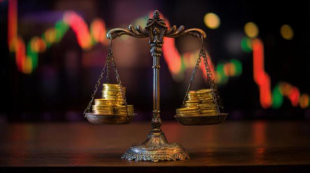 資産のバランスを表す天秤とコインの写真