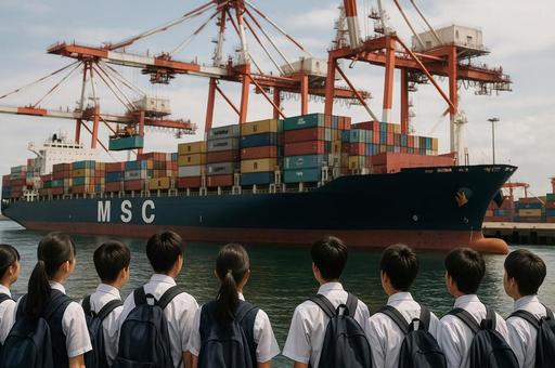 MSC船を見学する学生たち MSC船を見学する学生たちの写真