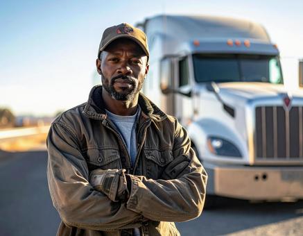 トラックの前でポーズをとるドライバー トラックの前でポーズをとるドライバーの写真