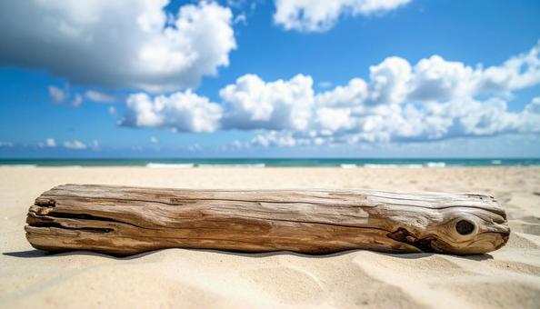 海と砂浜と流木と青い空の写真