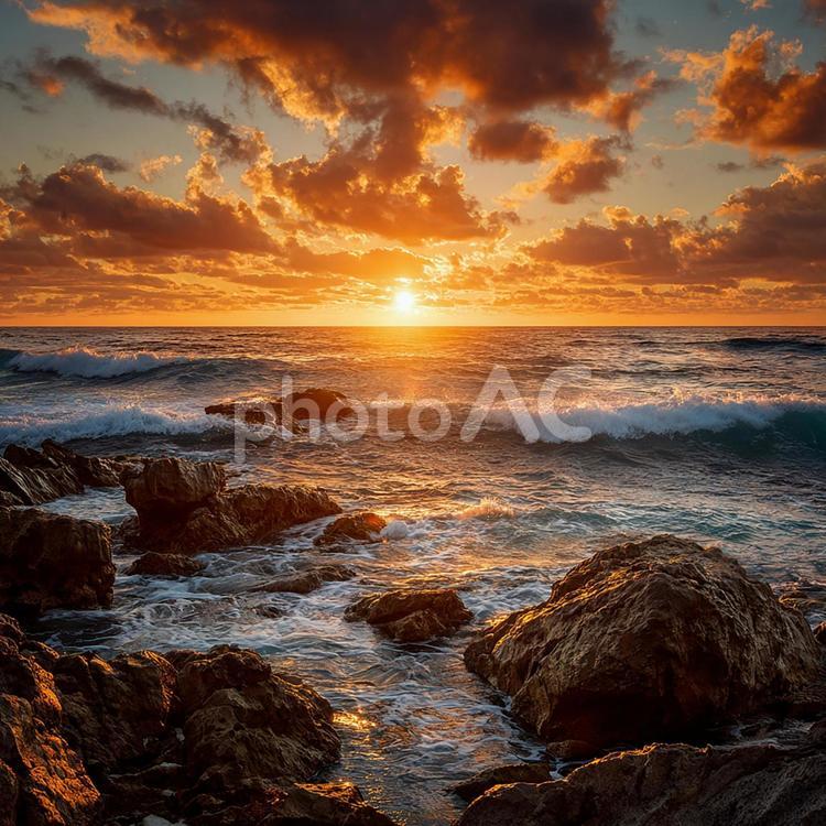 穏やかな波と夕日の共演 夕日,夕焼け,海の写真素材