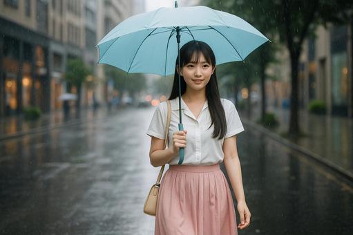 夏の雨白シャツピンクスカート 夏の雨白シャツピンクスカートの写真