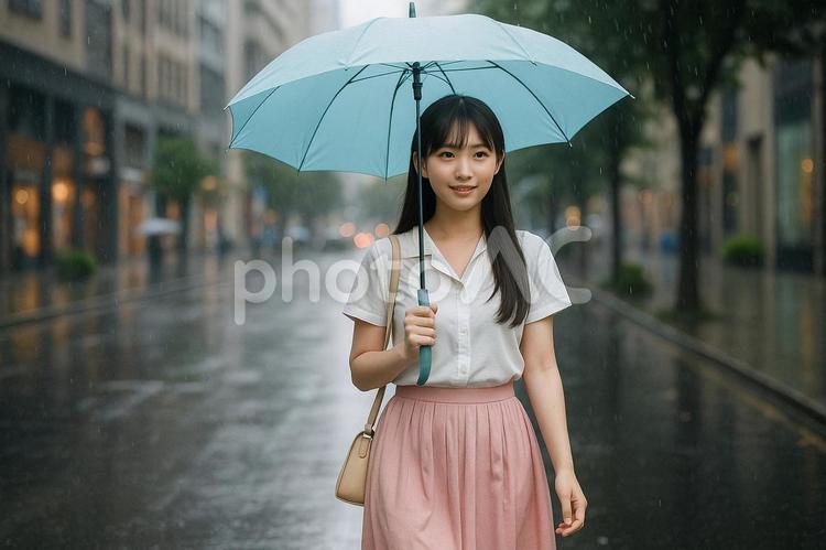 夏の雨白シャツピンクスカート 女性,雨,傘の写真素材