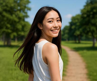 緑の中で自然体の笑顔を見せる女性 緑の中で自然体の笑顔を見せる女性の写真