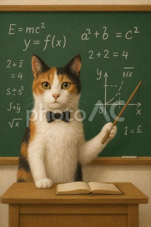 教壇で授業をする三毛猫 猫,三毛猫,教室の写真素材