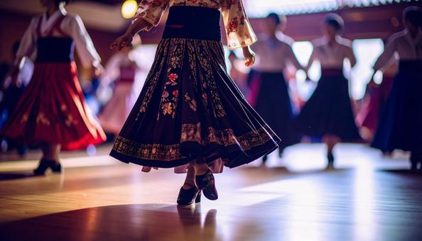 スクエアダンスを踊る衣裳を着た女性たち スクエアダンスを踊る衣裳を着た女性たちの写真
