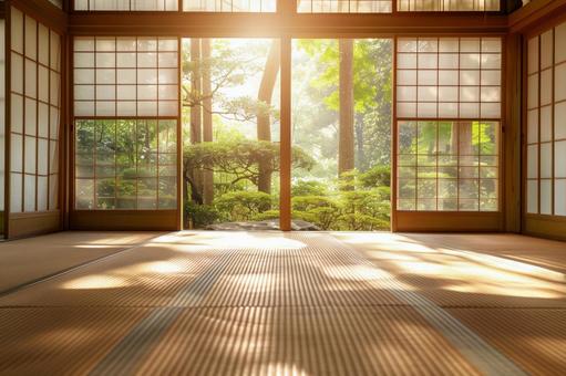 和風茶室と庭園の眺め 和風茶室と庭園の眺めの写真