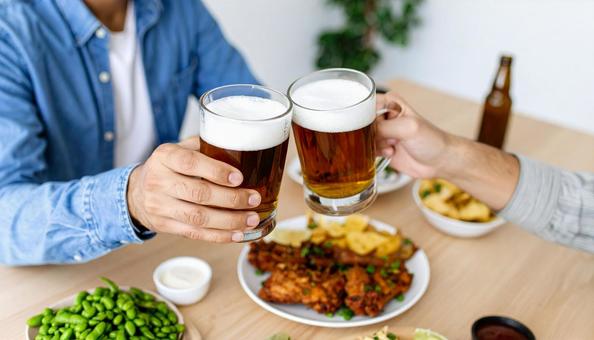 ビールで乾杯する二人の男性の手 ビールで乾杯する二人の男性の手の写真