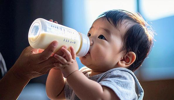 哺乳瓶からミルクを飲む日本人の赤ちゃん 哺乳瓶からミルクを飲む日本人の赤ちゃんの写真