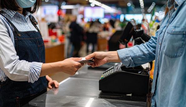 レジでレシートとおつりをもらう女性の手 レジでレシートとおつりをもらう女性の手の写真