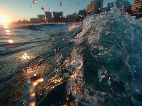 A beach with gentle waves reflecting the light, wave, sea, water surface, JPG