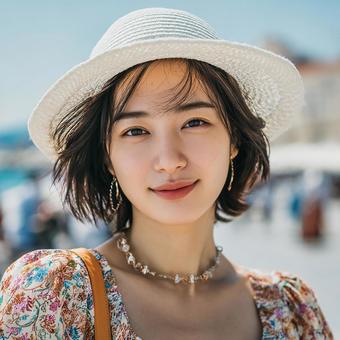 白いワンピースで夏を楽しむ女性の横顔 白いワンピースで夏を楽しむ女性の横顔の写真