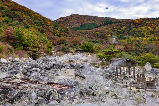 雲仙地獄と紅葉した山 雲仙,雲仙地獄,温泉の写真素材