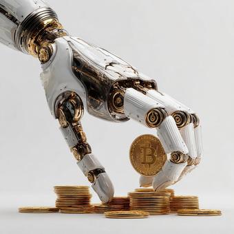 ロボットとビットコインのイメージ ロボットとビットコインのイメージの写真