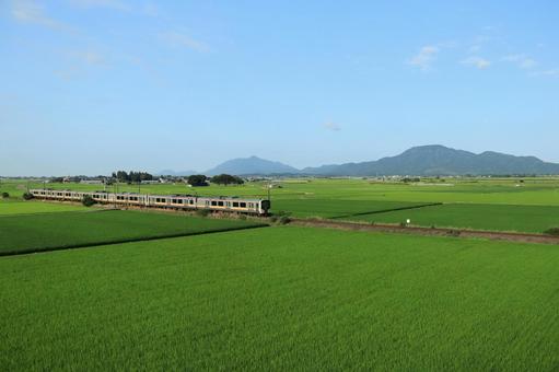 田園風景と電車と山並み 田園風景と電車と山並みの写真