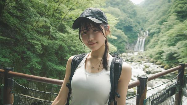 夏の渓流沿いの遊歩道に立つ若い日本人女性 夏の渓流沿いの遊歩道に立つ若い日本人女性の写真