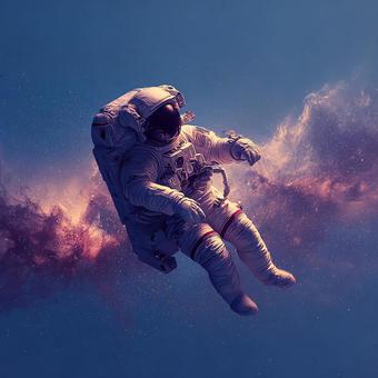 広大な宇宙に一人浮かぶ、孤独な宇宙飛行士の写真