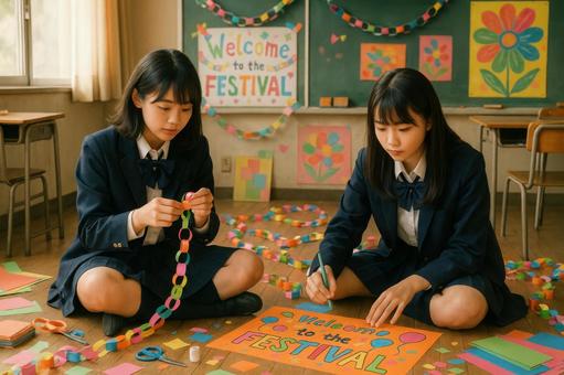 装飾を作る女子生徒の写真