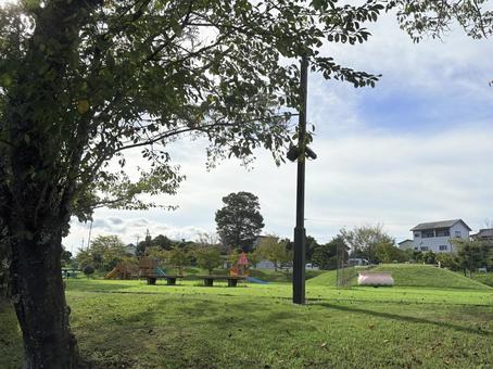 公園の遊具と広がる緑の写真