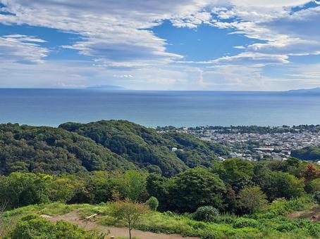 湘南平から眺める湘南の街並みと海 湘南平,都市景観,街並みの写真素材