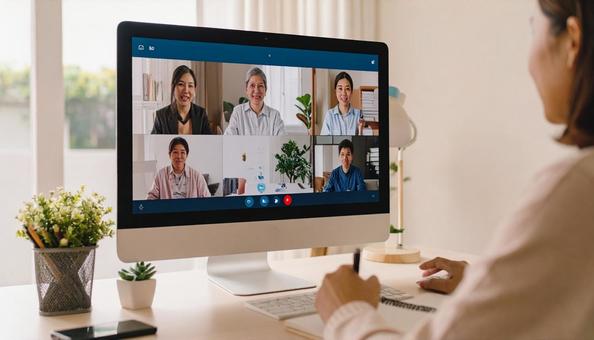 テレワークで打ち合わせする女性の写真