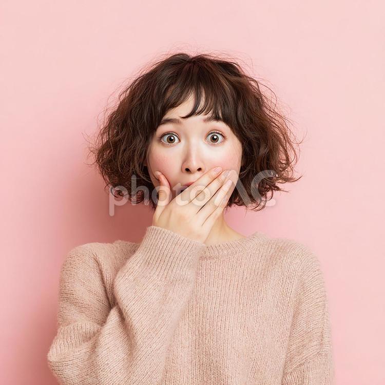 信じられないといった様子の日本人女性 驚き,女性,日本人の写真素材
