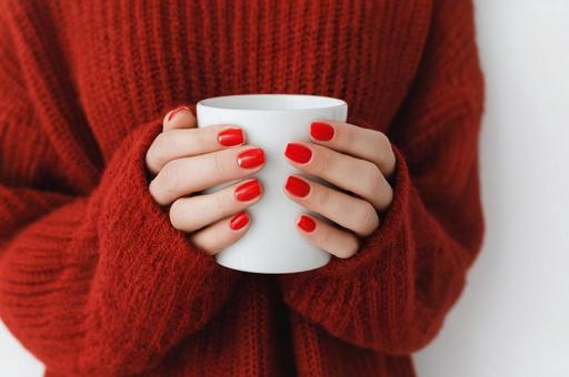 マグカップを持つ女性 赤いネイル マグカップを持つ女性 赤いネイルの写真