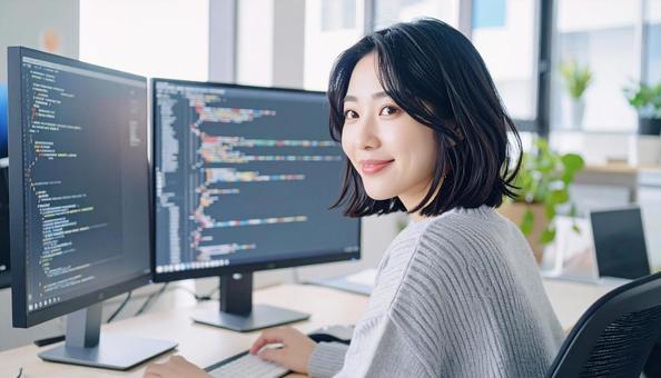 プログラミングをする女性エンジニア プログラミングをする女性エンジニアの写真