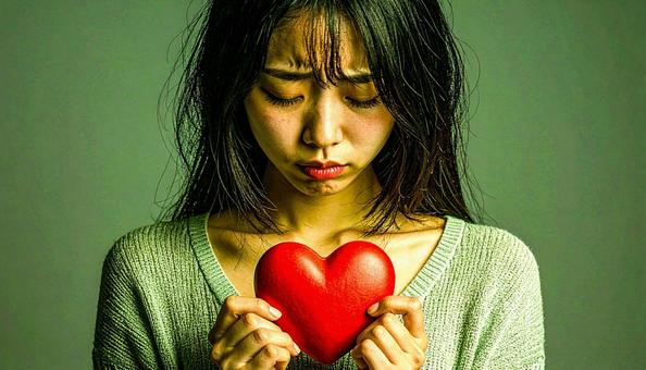 破れたハートを持って悲しそうな顔の女性 破れたハートを持って悲しそうな顔の女性の写真