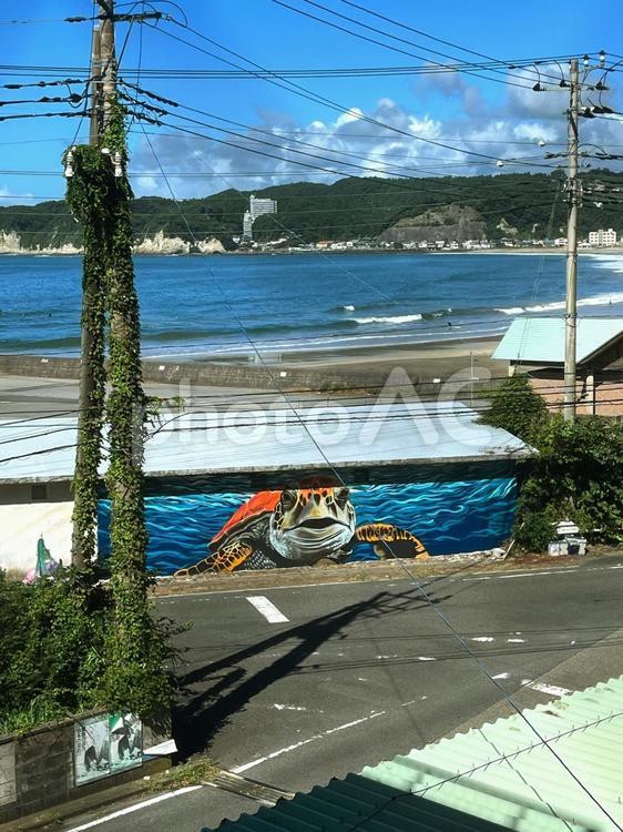 御宿　街並み　海と亀 千葉県,海,カメの写真素材