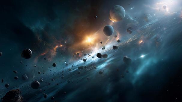 複数の惑星と小惑星、遠くに輝く星雲 複数の惑星と小惑星、遠くに輝く星雲の写真