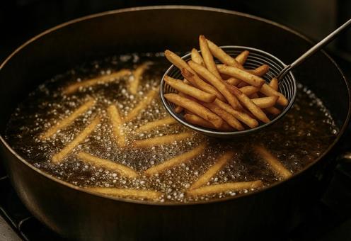 大鍋で揚げたてのフライドポテト 大鍋で揚げたてのフライドポテトの写真
