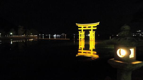 厳島神社 暗闇に浮かぶ大鳥居と石灯篭 厳島神社 暗闇に浮かぶ大鳥居と石灯篭の写真
