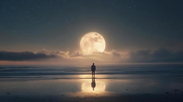 海岸で幻想的な満月を見ている人物 海岸で幻想的な満月を見ている人物の写真
