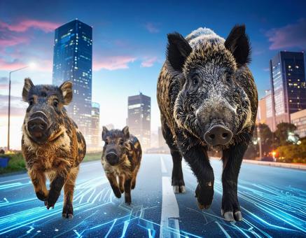 子年フォト・未来都市を生きるイノシシ親子の写真