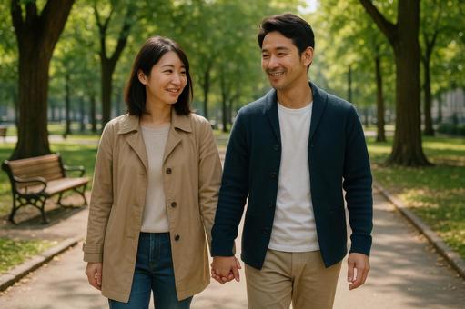 移住先の公園で散歩する夫婦 移住先の公園で散歩する夫婦の写真