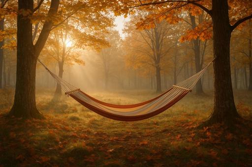 秋のハンモックと朝陽 秋のハンモックと朝陽の写真