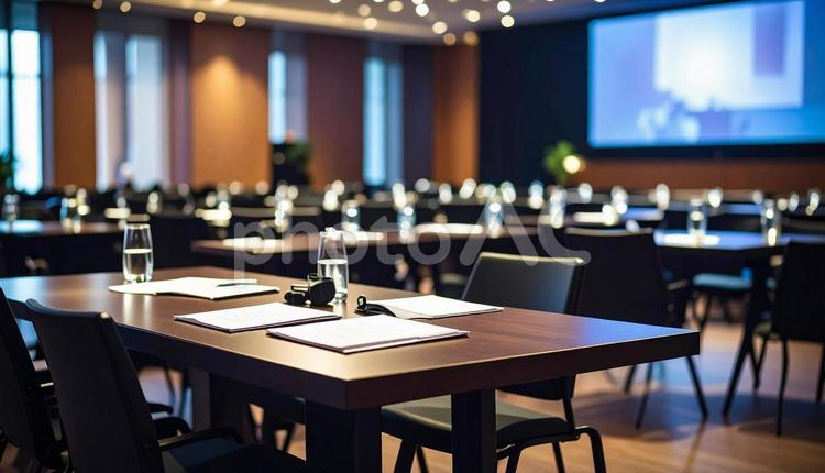 講習会の準備で書類が机に置かれた会場 会場,会議室,壇上の写真素材