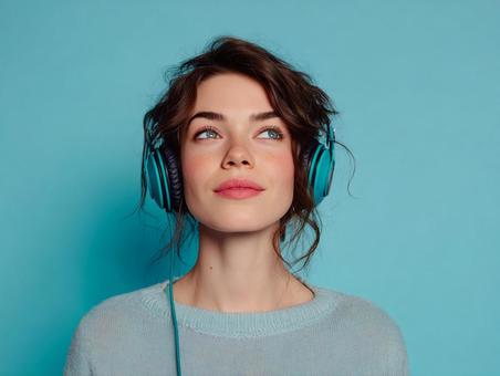 ヘッドホンで音楽を楽しむ魅力的な若い女性 ヘッドホンで音楽を楽しむ魅力的な若い女性の写真
