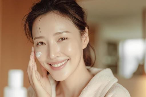 スキンケアの美容クリームを塗るミドル女性の写真