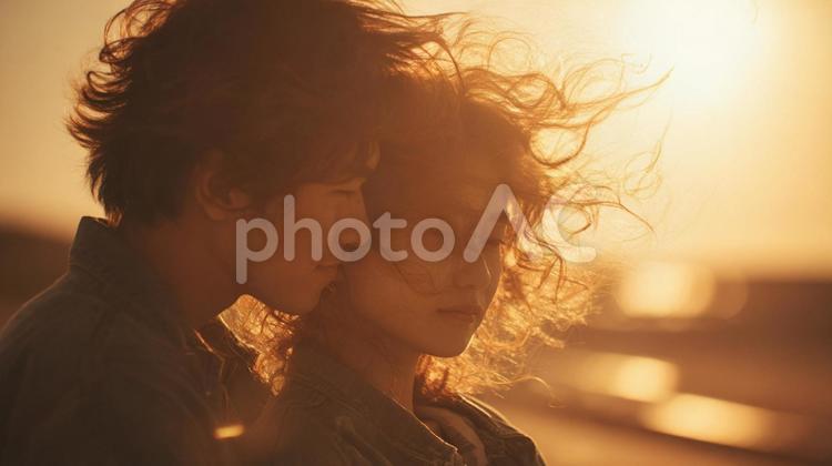 風に揺れる愛の瞬間 カップル,夕日,海辺の写真素材