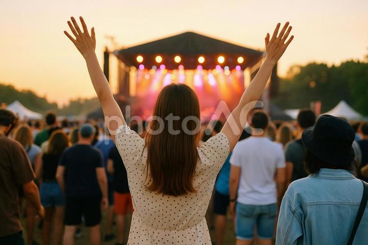 夏フェスで盛り上がる観客の後ろ姿 フェス,音楽,夏の写真素材