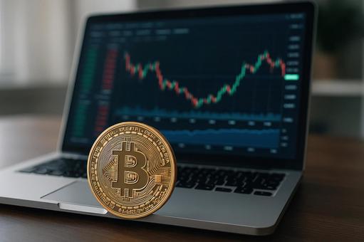 パソコン画面とビットコイン パソコン画面とビットコインの写真