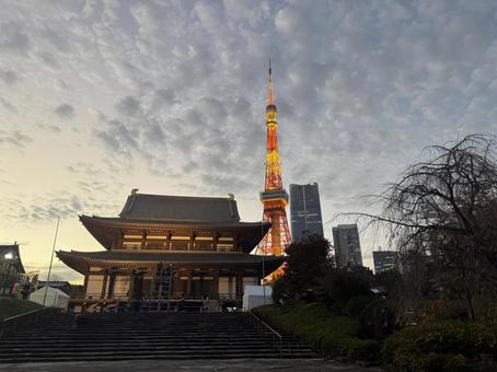 日本の空 増上寺,東京,タワーの写真素材