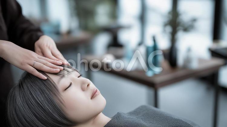 ヘアサロン・エステで施術を受ける女性 ヘアサロン,エステ,フェイシャルの写真素材